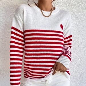 Willow & Wind Red & White Stripe Heart Knit Crew Neck Pullover Sweater Size